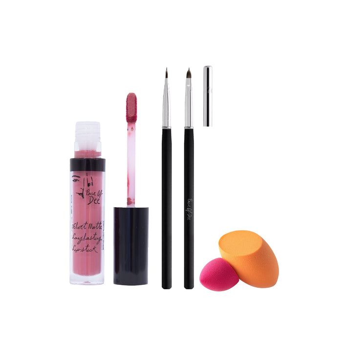 Velvet Matte Long-lasting Lipstick + The Duo Blenders + Tip & Blend Perfect Lips Brush - (Combo Pack Offer) - Face Of Dee