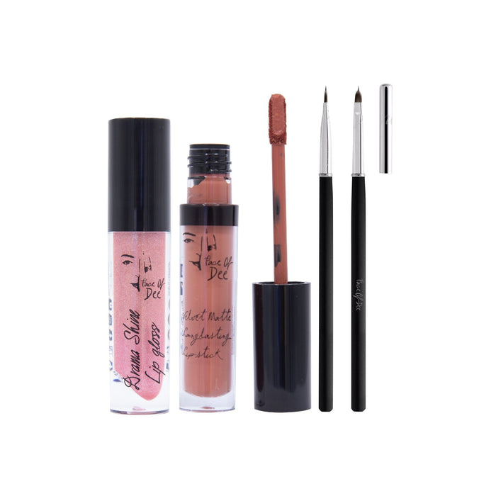 Drama Shine Lipgloss + Velvet Matte Long-lasting Lipstick + Tip & Blend Perfect Lips Brush - (Combo Pack Offer) - Face Of Dee