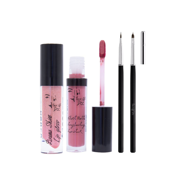 Drama Shine Lipgloss + Velvet Matte Long-lasting Lipstick + Tip & Blend Perfect Lips Brush - (Combo Pack Offer) - Face Of Dee