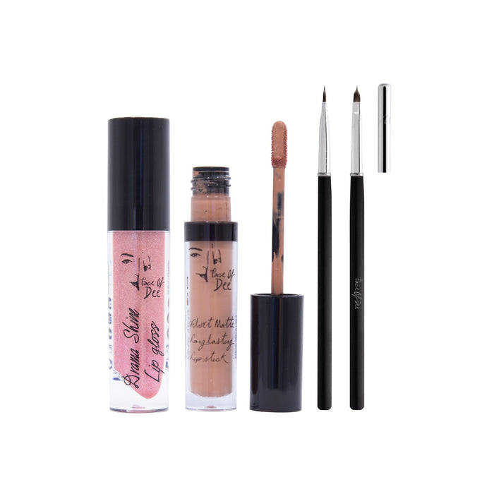 Drama Shine Lipgloss + Velvet Matte Long-lasting Lipstick + Tip & Blend Perfect Lips Brush - (Combo Pack Offer) - Face Of Dee