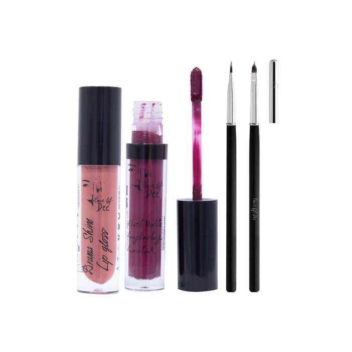 Drama Shine Lipgloss + Velvet Matte Long-lasting Lipstick + Tip & Blend Perfect Lips Brush - (Combo Pack Offer) - Face Of Dee