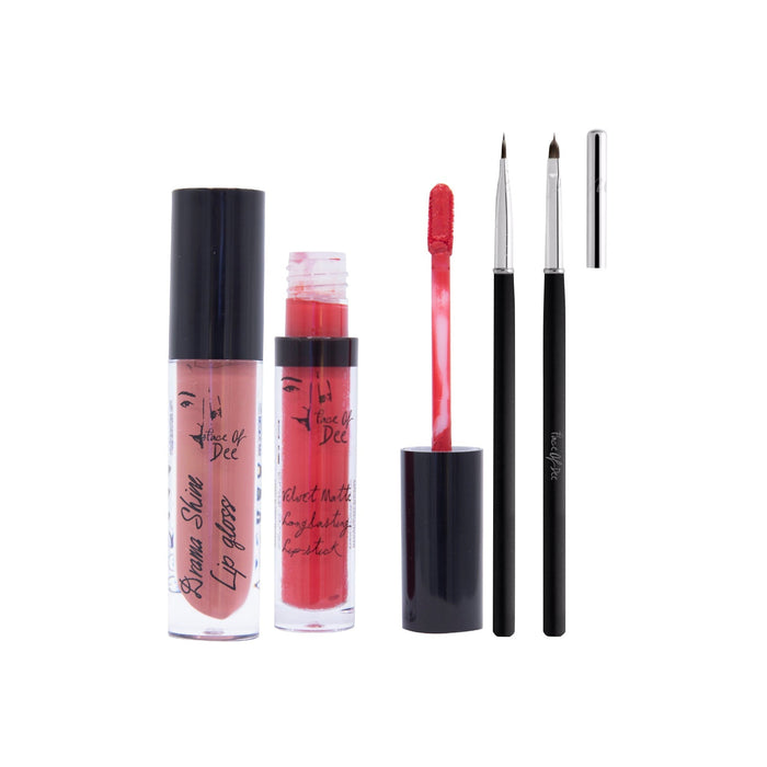 Drama Shine Lipgloss + Velvet Matte Long-lasting Lipstick + Tip & Blend Perfect Lips Brush - (Combo Pack Offer) - Face Of Dee