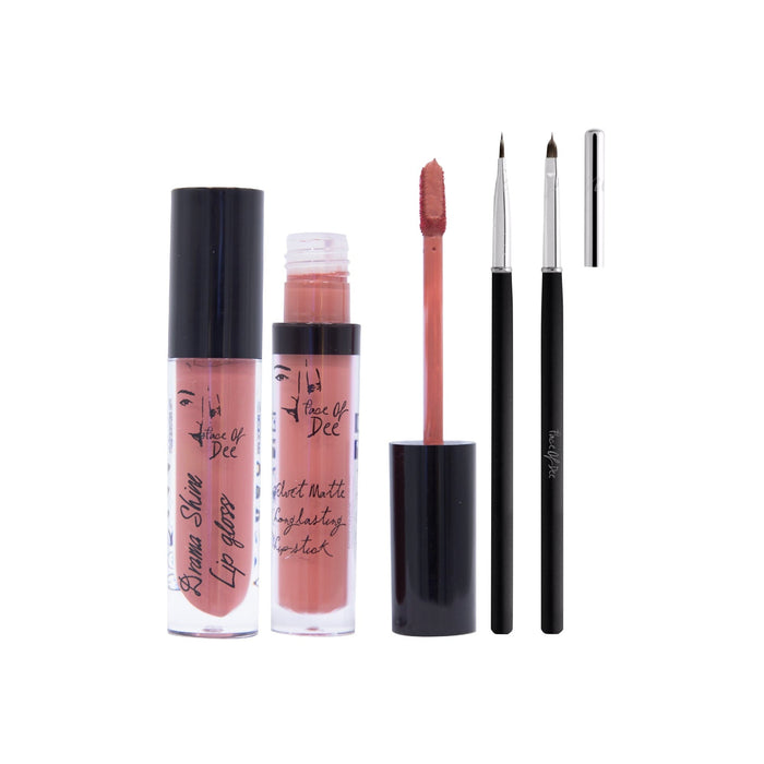 Drama Shine Lipgloss + Velvet Matte Long-lasting Lipstick + Tip & Blend Perfect Lips Brush - (Combo Pack Offer) - Face Of Dee