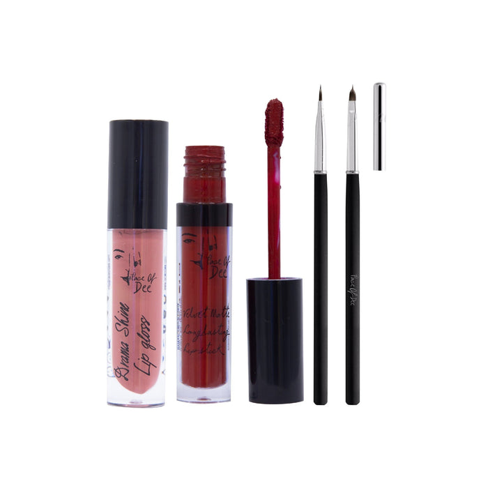 Drama Shine Lipgloss + Velvet Matte Long-lasting Lipstick + Tip & Blend Perfect Lips Brush - (Combo Pack Offer) - Face Of Dee
