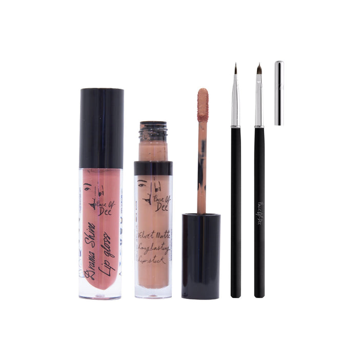 Drama Shine Lipgloss + Velvet Matte Long-lasting Lipstick + Tip & Blend Perfect Lips Brush - (Combo Pack Offer) - Face Of Dee
