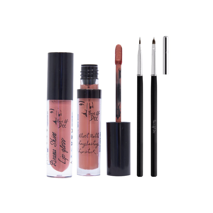 Drama Shine Lipgloss + Velvet Matte Long-lasting Lipstick + Tip & Blend Perfect Lips Brush - (Combo Pack Offer) - Face Of Dee