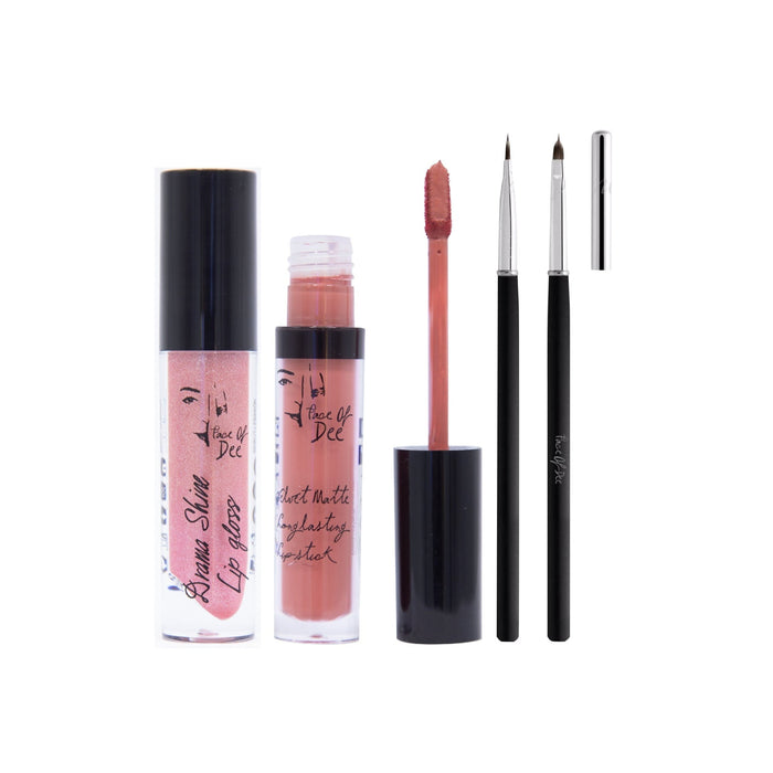Drama Shine Lipgloss + Velvet Matte Long-lasting Lipstick + Tip & Blend Perfect Lips Brush - (Combo Pack Offer) - Face Of Dee
